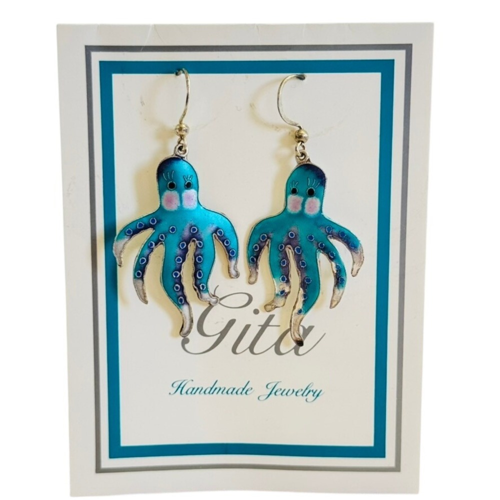 Artisan‎ Gita Octopus Earrings Enamel Fun Funky Sterling Silver 925 Dangle Hook